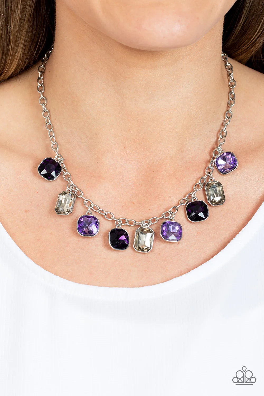 Paparazzi Accessories Best Decision Ever - Purple Featuring emerald and radiant style cuts, a sparkly collection of light purple, dark purple, and white rhinestones glitters below the collar, creating an irresistible fringe. Features an adjustable clasp c