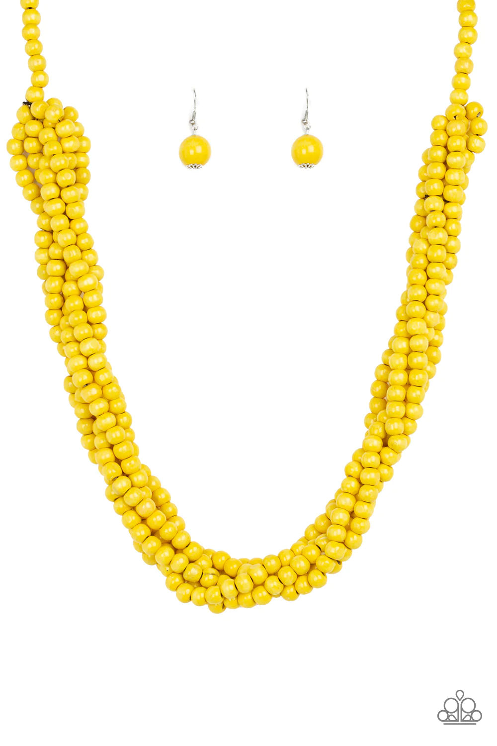 Paparazzi Accessories Tahiti Tropic - Yellow Brushed in a sunny yellow finish, strands of vivacious wooden beads subtly twist across the chest for a summery look. Sold as one individual necklace. Includes one pair of matching earrings. Jewelry