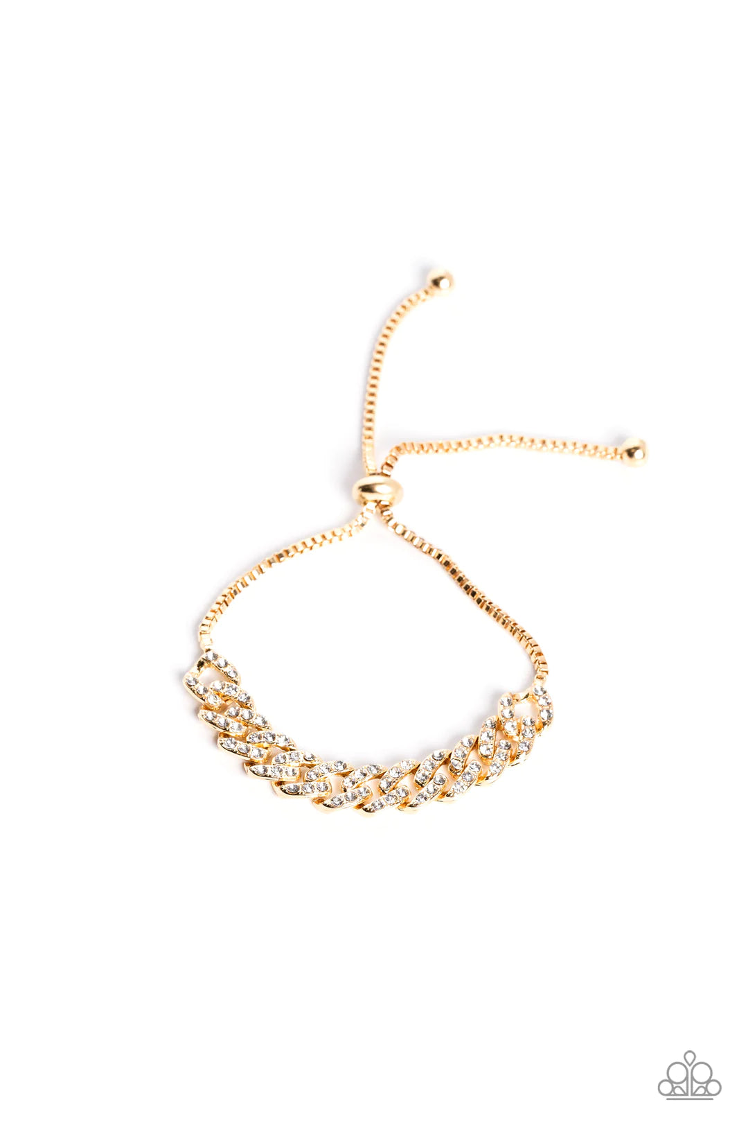 Paparazzi Accessories Mecca Metro - Gold Falling from a rounded gold snake chain, glistening gold links, encrusted with dainty white rhinestones, join across the wrist, creating a bold bracelet. Features an adjustable sliding bead closure. Sold as one ind