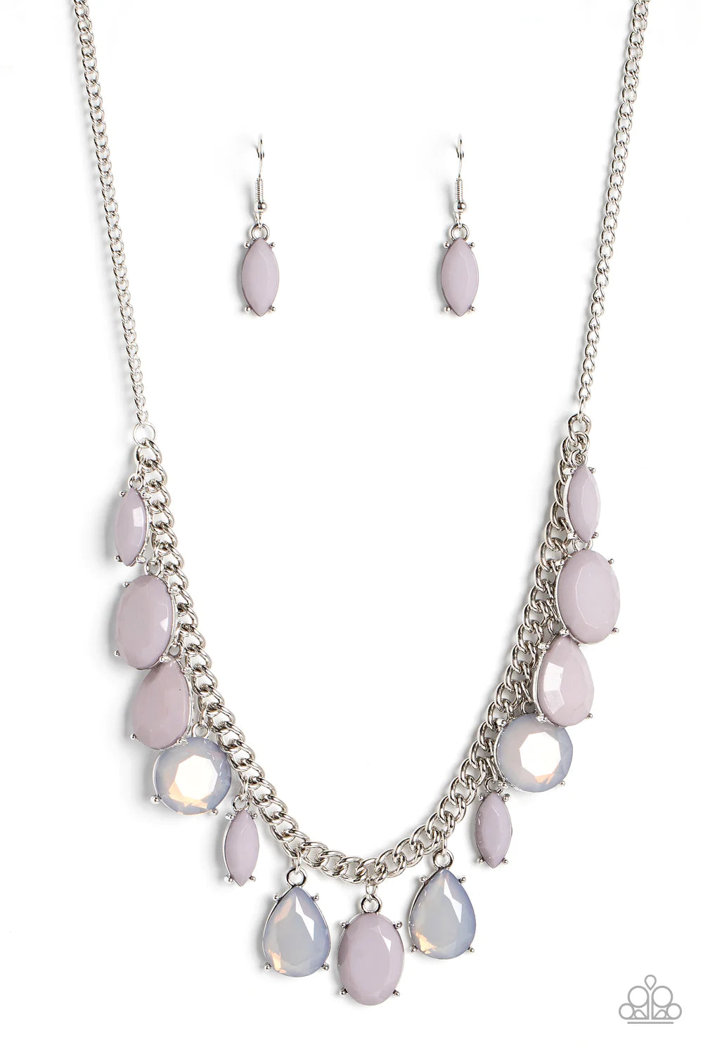 Paparazzi Accessories Fairytale Fortuity - Silver Featuring oval, round, teardrop, and marquise cuts, a fanciful collection of opaque and translucent Gray Lilac beads sways from a bold silver chain. The faceted beads are set in silver prong settings, givi