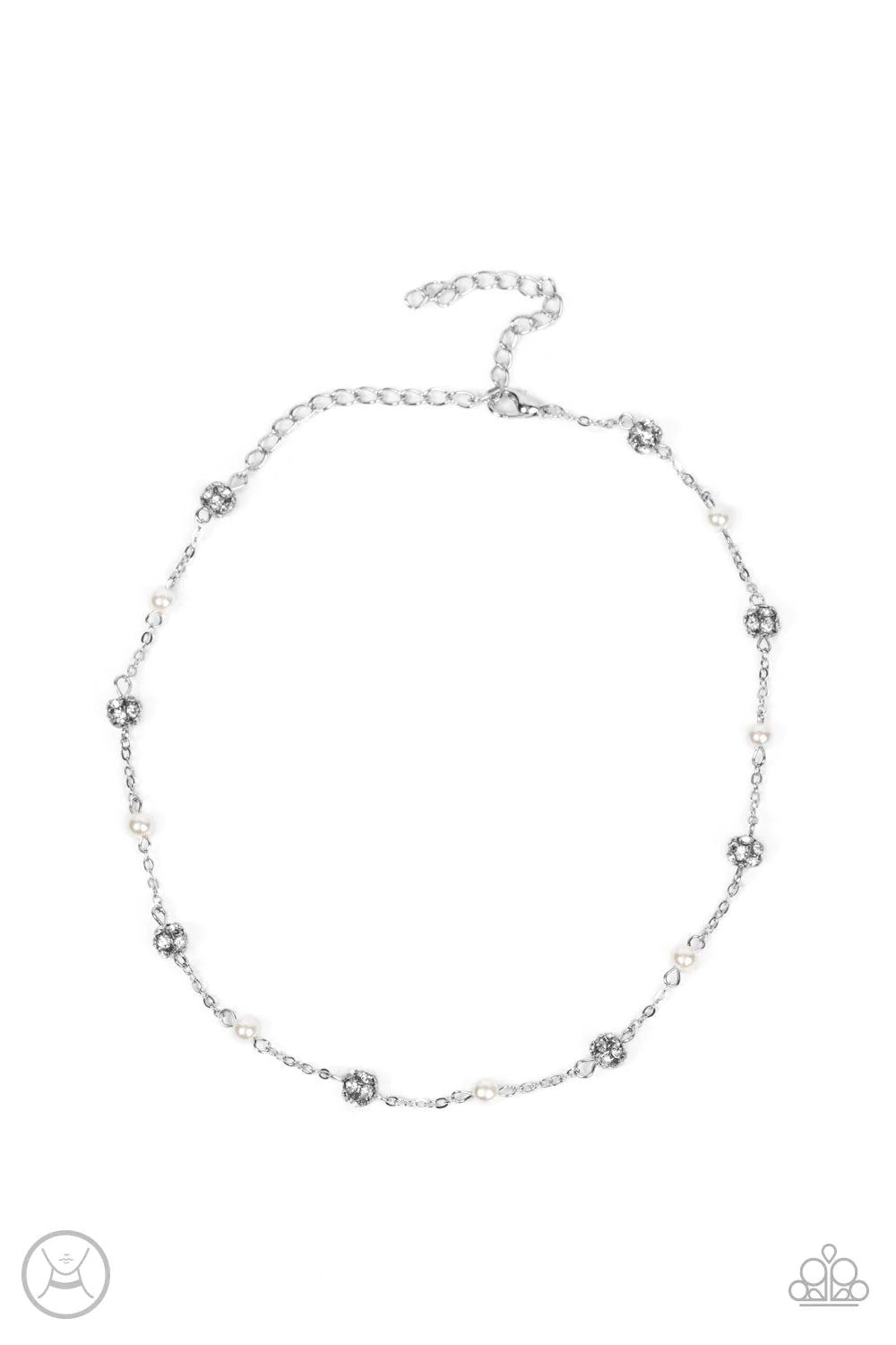 Paparazzi Accessories Rumored Romance - White A dainty silver chain dotted in bubbly white pearls and glitzy white rhinestone encrusted beads delicately connects around the neck, resulting in a timeless fashion. Features an adjustable clasp closure. Sold