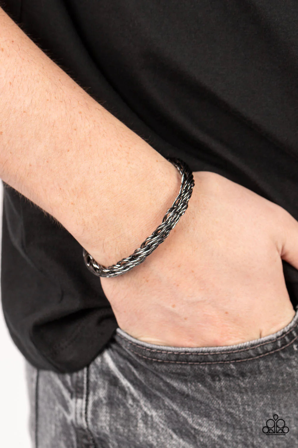 Paparazzi Accessories Rally Together - Black Glistening gunmetal wires twist and coil into a single cuff around the wrist, resulting in a gritty edge. Sold as one individual bracelet.