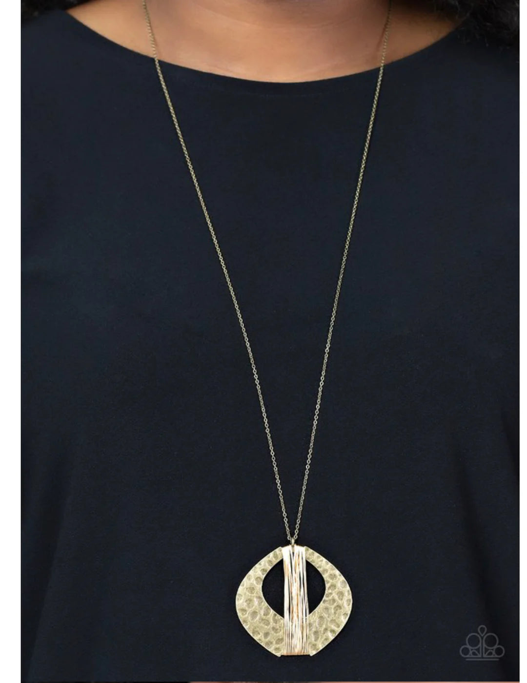 Paparazzi Accessories State of the ARTISAN - Brass Dainty silver wire is haphazardly wrapped around the center of a hammered oval gold frame, creating a one-of-a-kind pendant at the bottom of a lengthened gold chain. Features an adjustable clasp closure.