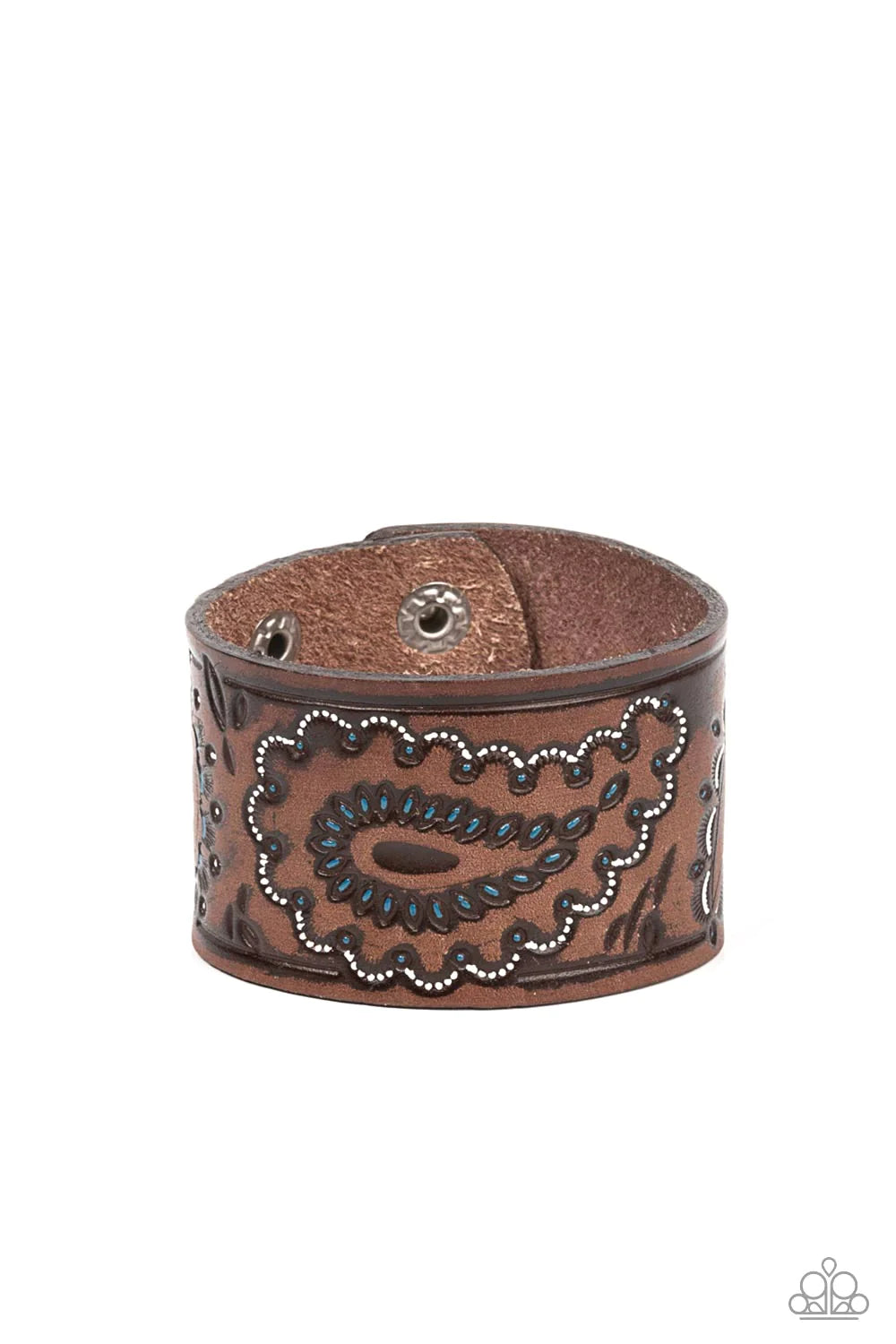 Paparazzi Accessories Paisley Pioneer - Blue Highlighted in white and blue paint, a rustic paisley pattern is stamped across the front of a distressed leather band for a rustic flair. Features an adjustable snap closure. Sold as one individual bracelet. J