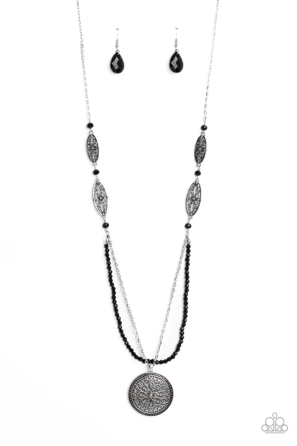 Paparazzi Accessories Garden of Grace - Black Black beads separated by silver floral-like filigree ovals glide down to a shimmery pendant with floral-like filigree details encased in a circular frame. A strand of black beads adds a layer to this graceful