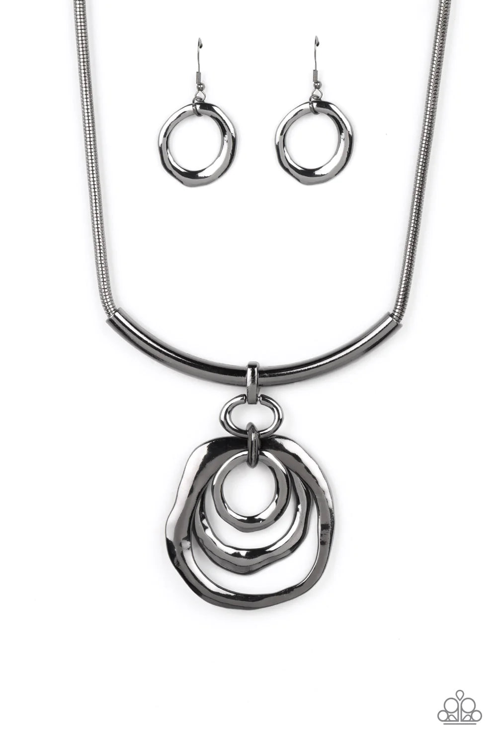 Paparazzi Accessories Forged in Fabulous - Black Warped gunmetal hoops glisten from the bottom of a bowing gunmetal bar set in the center of a rounded gunmetal snake chain, resulting in a contemporary centerpiece below the collar. Features an adjustable c