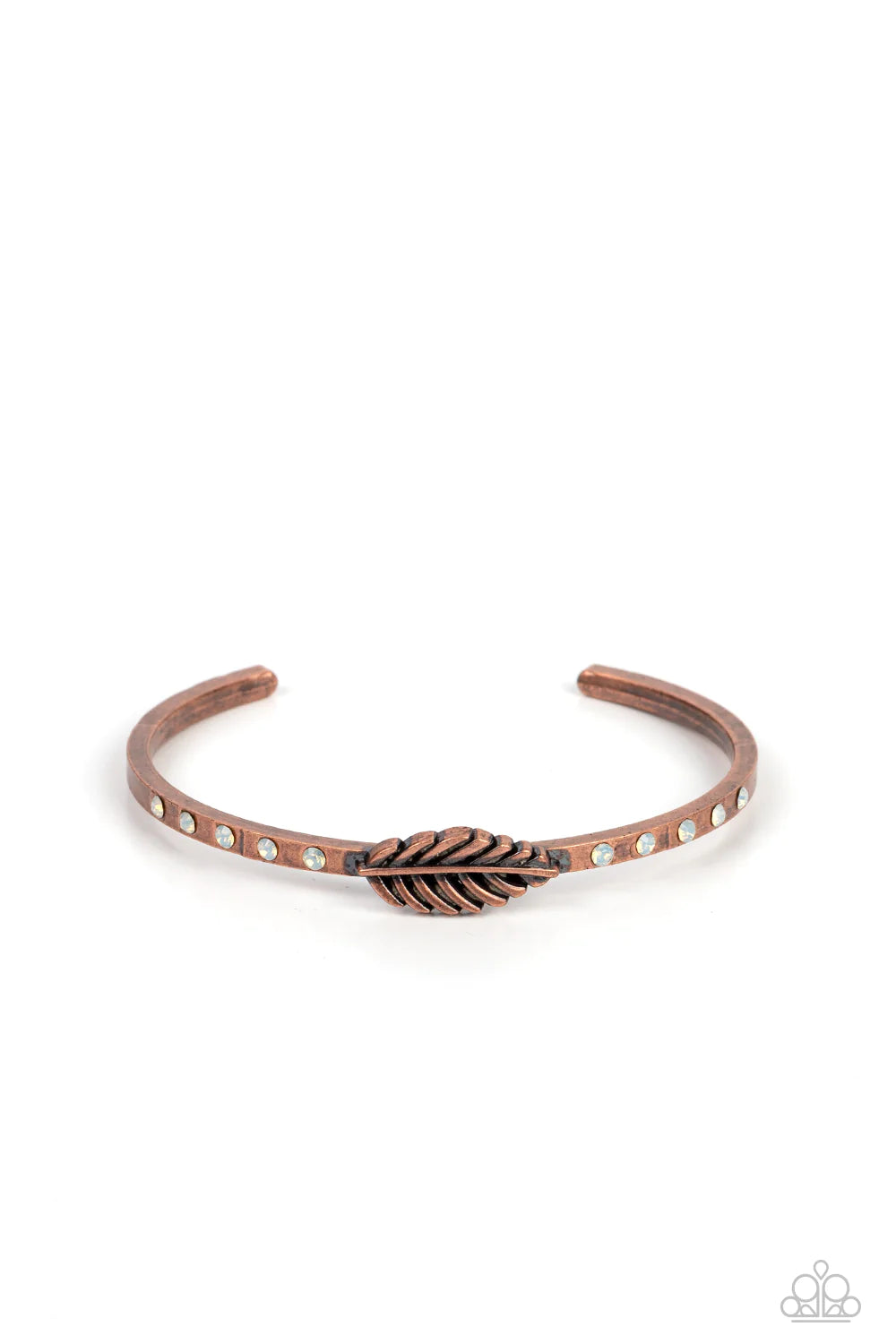 Paparazzi Accessories Free-Spirited Shimmer - Copper Bordered by rows of opaque opal rhinestones, a dainty copper feather frame is pressed into the center of a dainty copper cuff for a free-spirited finish. Sold as one individual bracelet. Jewelry