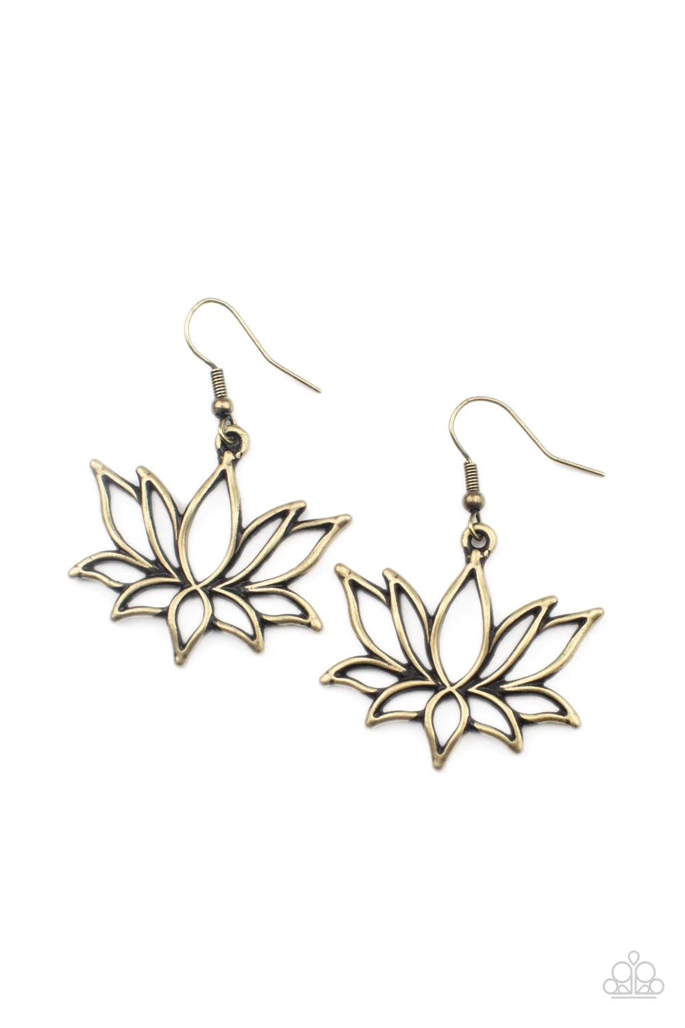 Paparazzi Accessories Lotus Ponds - Brass Brushed in an antiqued shimmer, an oversized brass lotus swings from the ear for a seasonal fashion. Earring attaches to a standard fishhook fitting. Sold as one pair of earrings. Jewelry