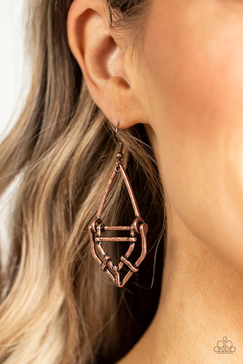 Paparazzi Accessories Artisan Apparatus - Copper Brushed in a burnished finish, hammered copper bars and copper fittings attach into an edgy geometric lure for a versatile vibe. Earring attaches to a standard fishhook fitting. Sold as one pair of earrings