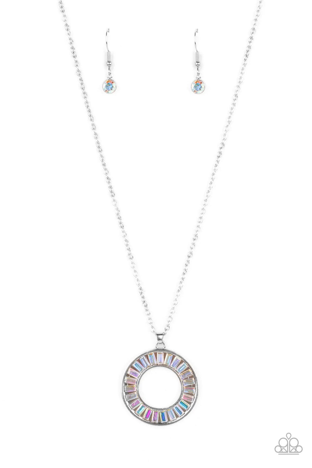 Paparazzi Accessories Clique Couture - Multi Brilliant emerald-cut rhinestones brushed in an iridescent shimmer are pressed inside a wide circular silver frame, creating a glitzy pendant at the bottom of a dainty silver chain. Features an adjustable clasp