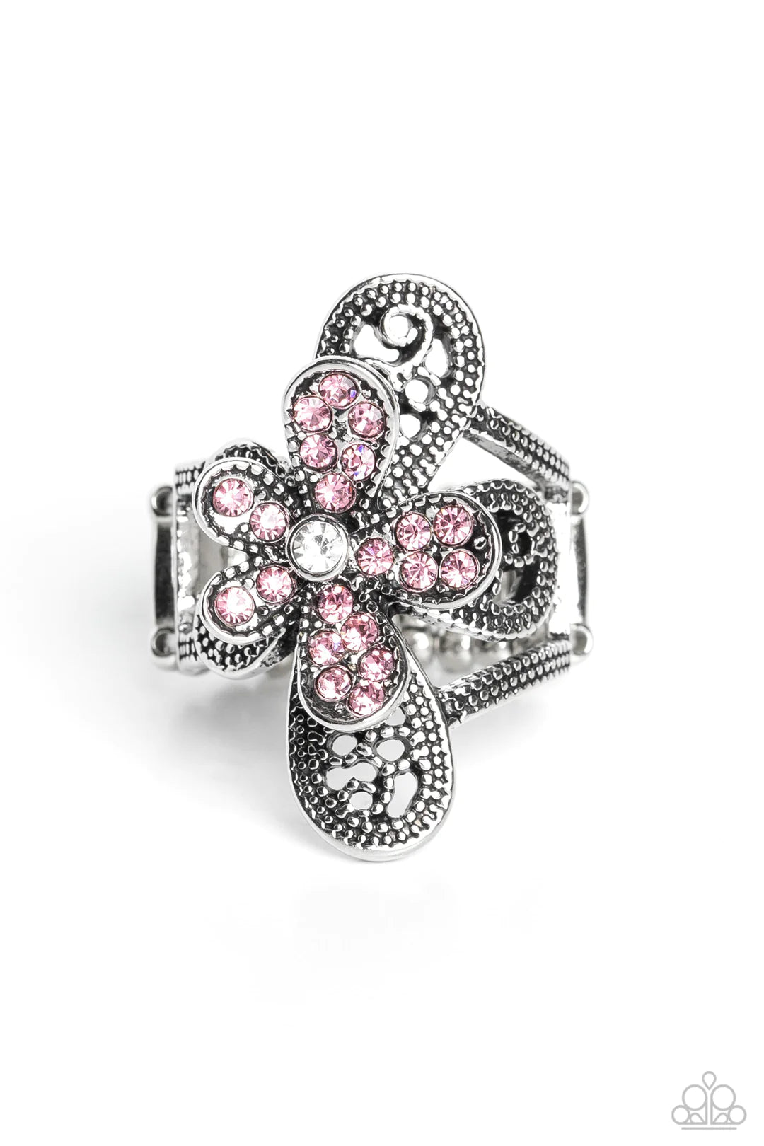 Paparazzi Accessories Gardens Escapade - Pink Dotted with a dainty white rhinestone center, silver petals overlaid with glittery pink rhinestones, sit atop studded silver filigree petals, creating a frilly floral centerpiece atop the finger. Features a st