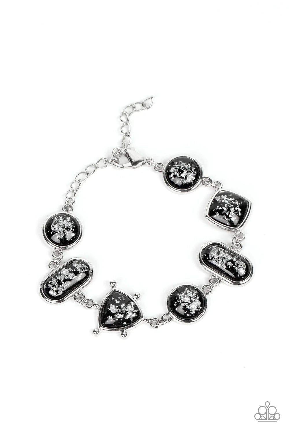 Paparazzi Accessories Speckled Shimmer - Black Glassy black beads speckled in flecks of silver shimmer delicately connect around the wrist in a glitzy geometric display. Features an adjustable clasp closure. Features an adjustable clasp closure. Sold as o
