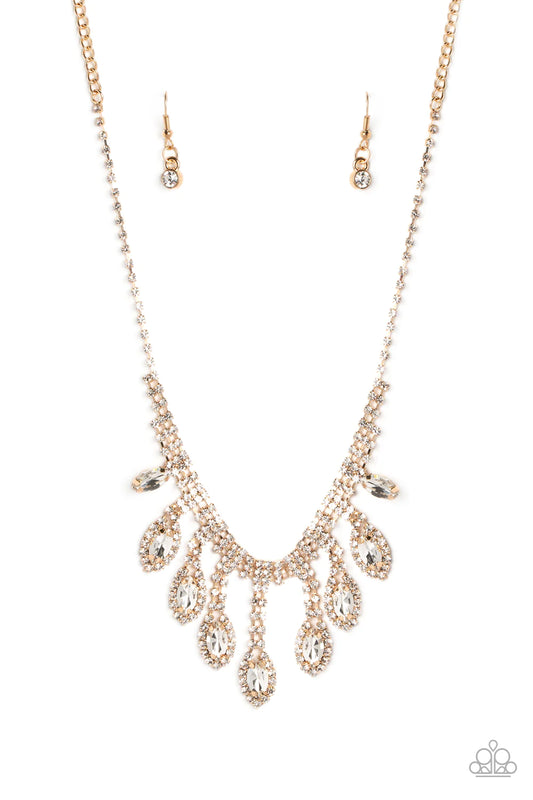 Paparazzi Accessories Reigning Romance - Gold A classic gold chain leads down the neckline to a single strand of tiny rhinestones in dainty square gold fittings. A second row is added as the gems make their way to the centermost point of the design, where