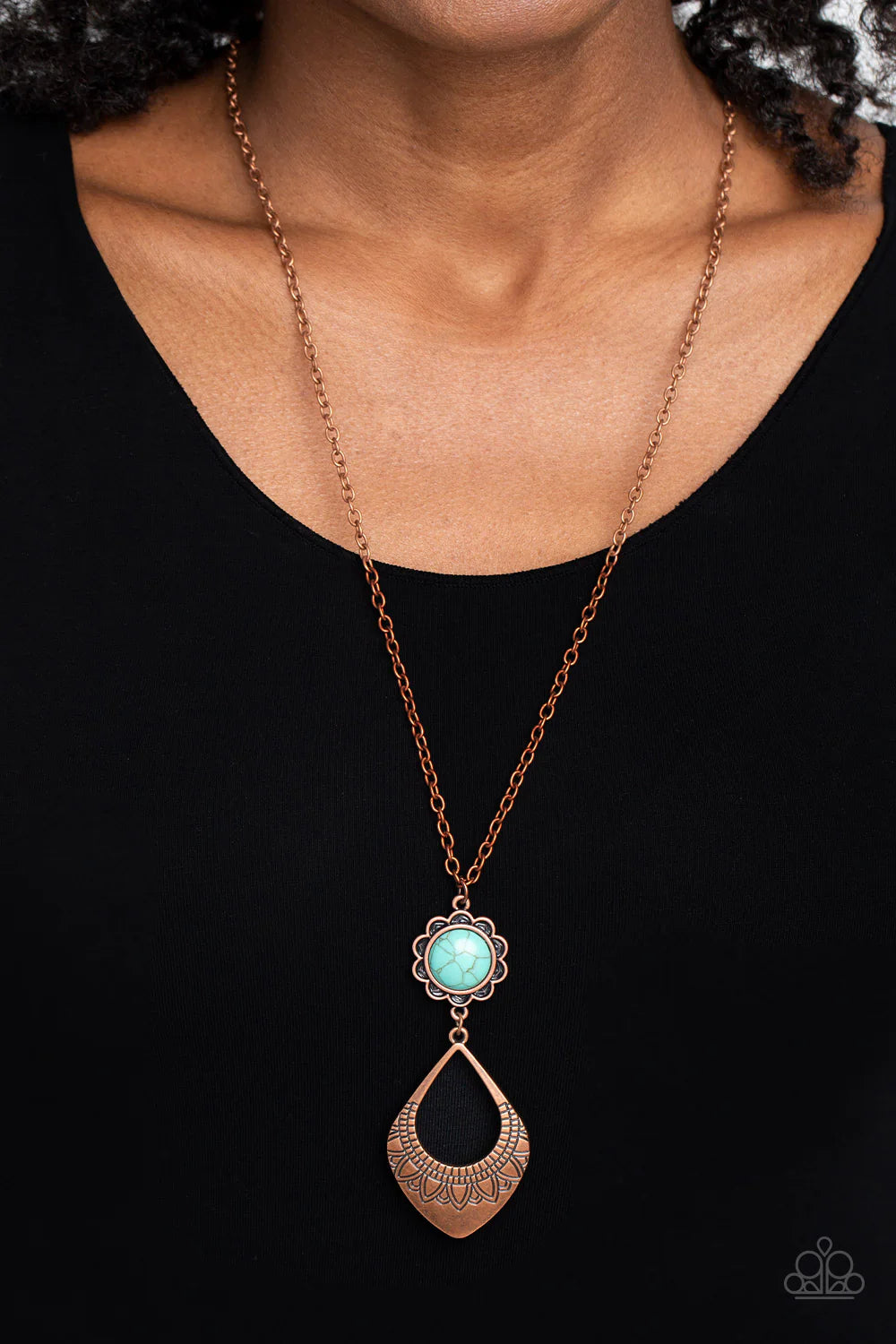 Paparazzi Accessories Stone Toll - Copper Dangling from an elongated, copper link chain, two whimsical, interconnected shapes coalesce down the chest. An oversized turquoise stone, wrapped in a copper floral frame swings as the uppermost shape above an ov