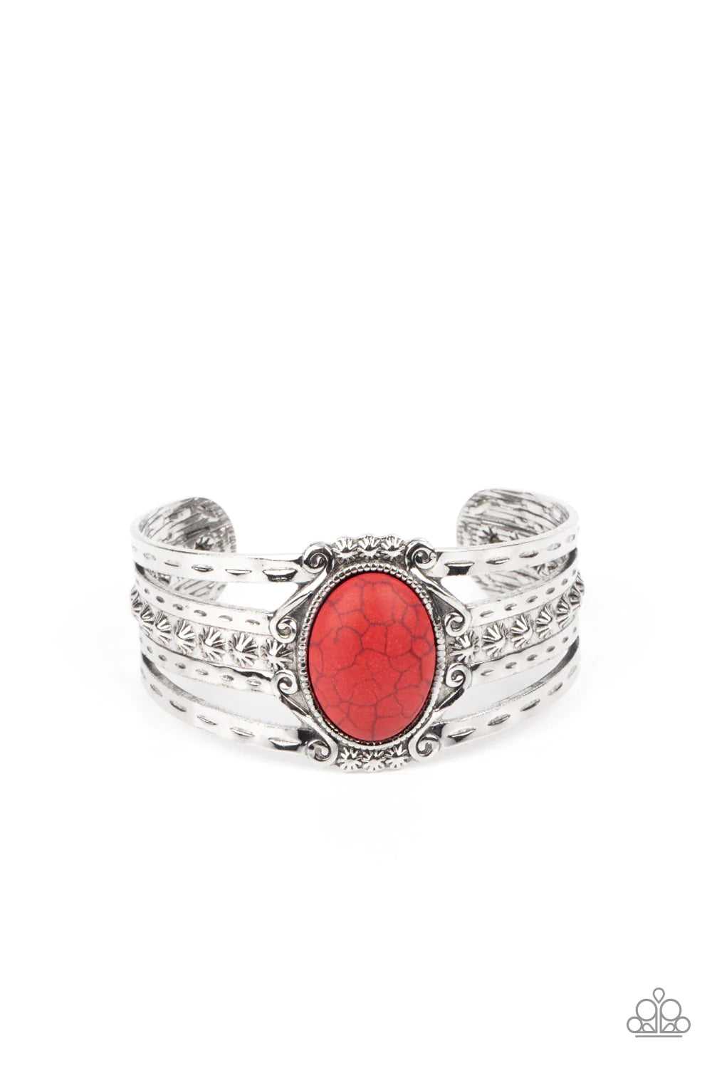 Paparazzi Accessories Mojave Mecca - Red An oversized oval red stone is pressed into the center of an ornately studded silver frame atop a layered silver cuff featuring matching studded textures. Sold as one individual bracelet. Jewelry