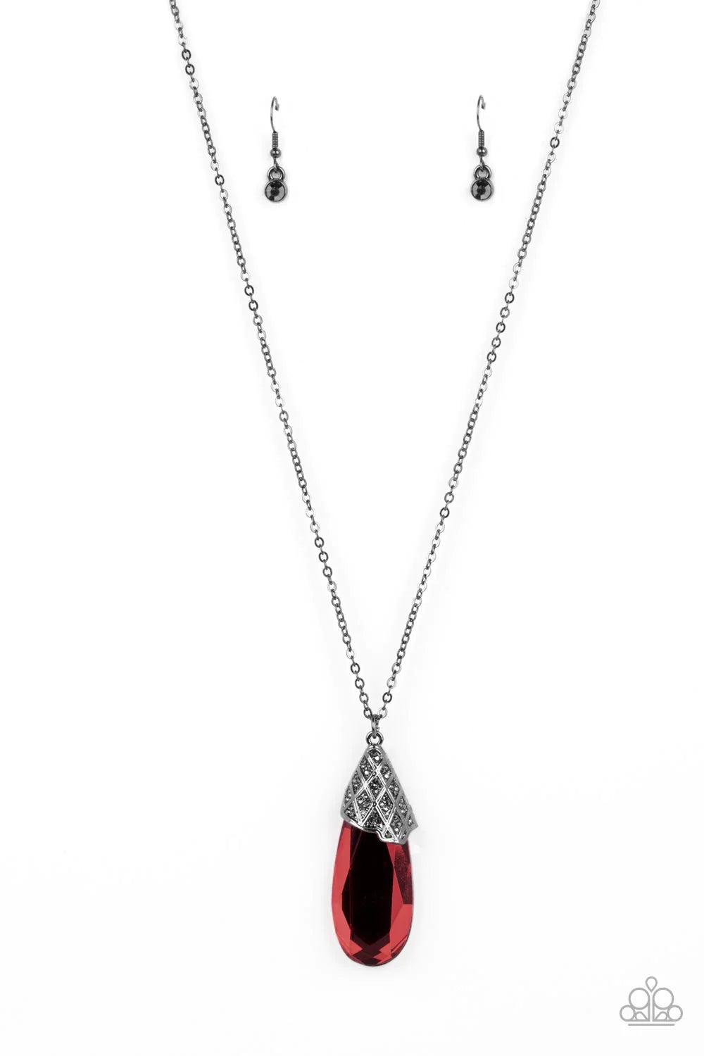 Paparazzi Accessories Dibs on the Dazzle - Red A dramatically elongated red teardrop gem with light-catching faceted edges is capped with a gunmetal fitting. A latticework pattern decorates the metallic fixture, with tiny flecks of hematite adding a hint