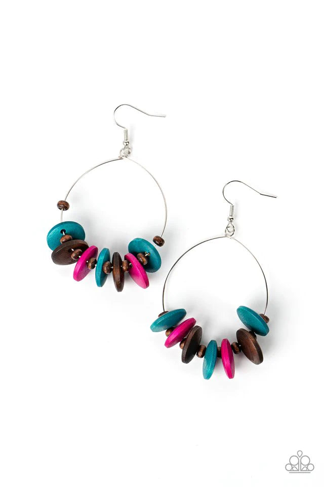 Paparazzi Accessories Surf Camp - Multi Separated by dainty brown wooden beads, Harbor Blue, brown, and pink wooden discs are threaded along a dainty wire hoop for a colorful tropical flair. Earring attaches to a standard fishhook fitting. Jewelry