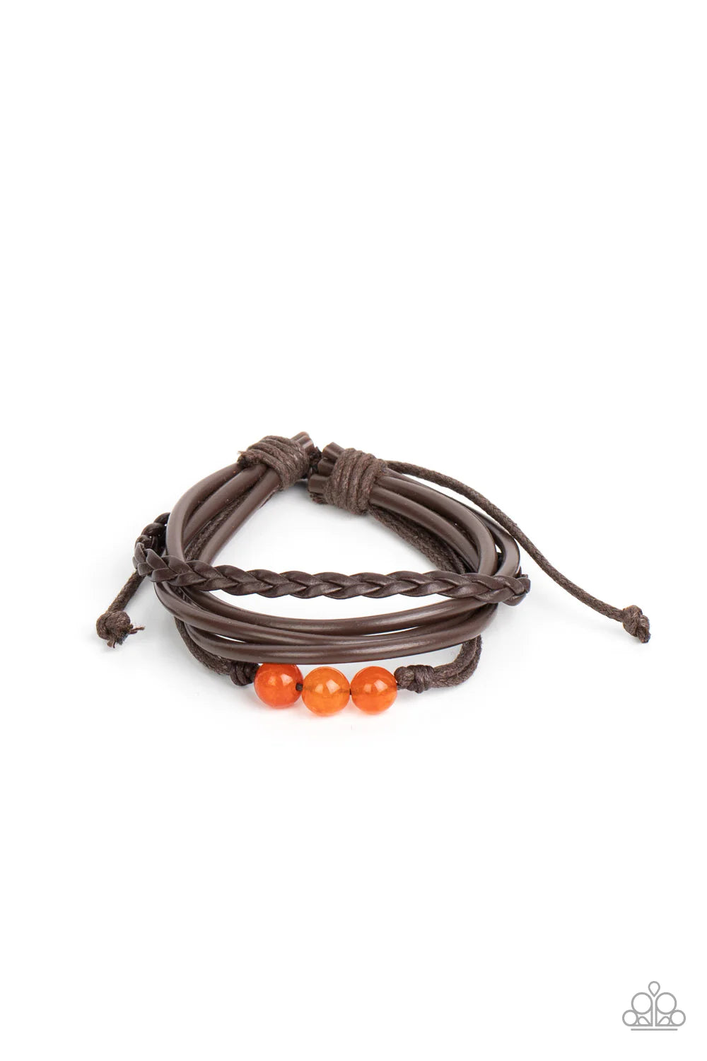 Paparazzi Accessories Rest Easy - Orange Infused with a row of citrine stones, mismatched leathery and twine-like cords layer around the wrist for an earthy flair. Features an adjustable sliding knot closure. Sold as one individual bracelet. Jewelry