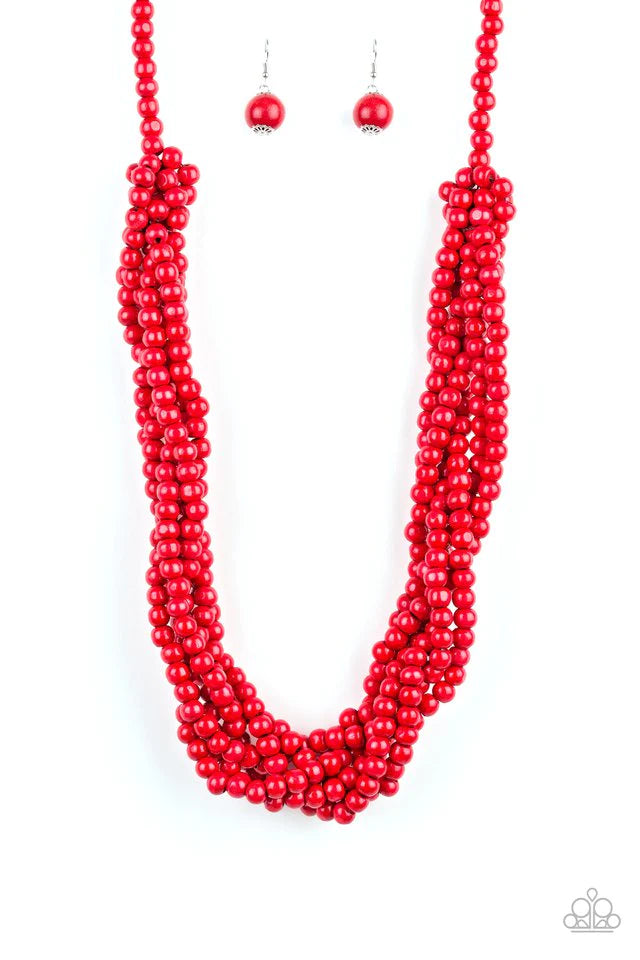 Paparazzi Accessories Tahiti Tropic - Red Brushed in a fiery red finish, strands of vivacious wooden beads subtly twist across the chest for a summery look. Sold as one individual necklace. Includes one pair of matching earrings. Jewelry