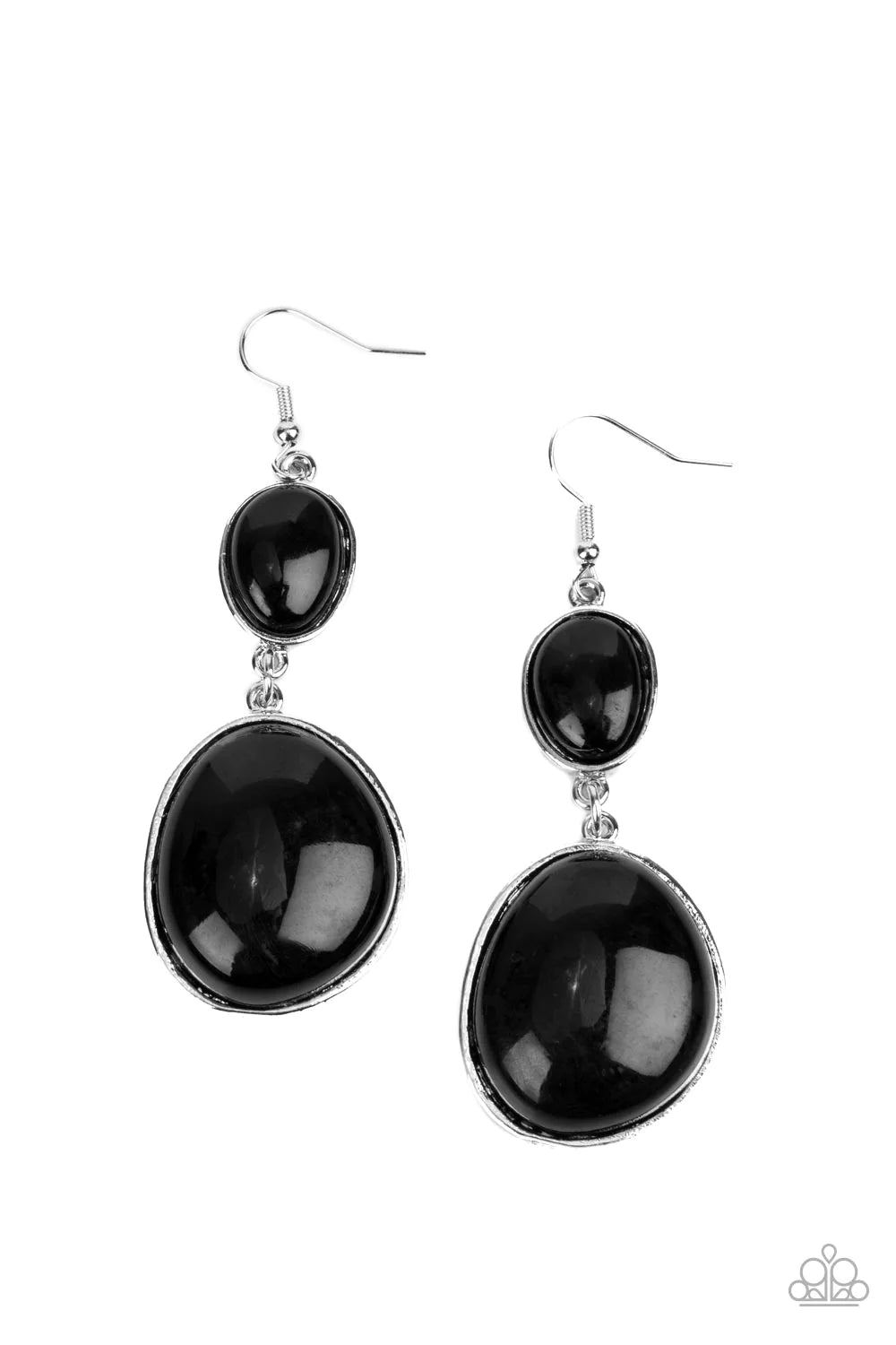 Paparazzi Accessories Soulful Samba - Black Featuring sleek silver fittings, an asymmetrical pair of mismatched oval black beads link into an eye-catching pop of color. Earring attaches to a standard fishhook fitting. Sold as one pair of earrings. Jewelry