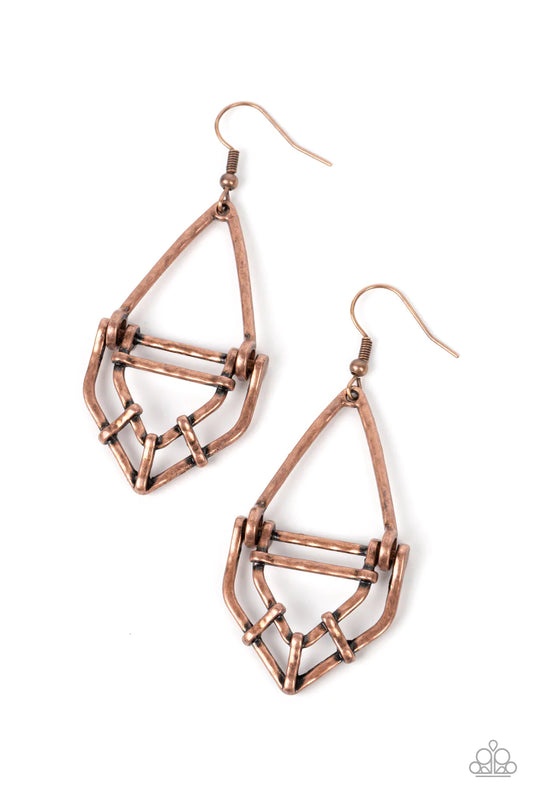 Paparazzi Accessories Artisan Apparatus - Copper Brushed in a burnished finish, hammered copper bars and copper fittings attach into an edgy geometric lure for a versatile vibe. Earring attaches to a standard fishhook fitting. Sold as one pair of earrings