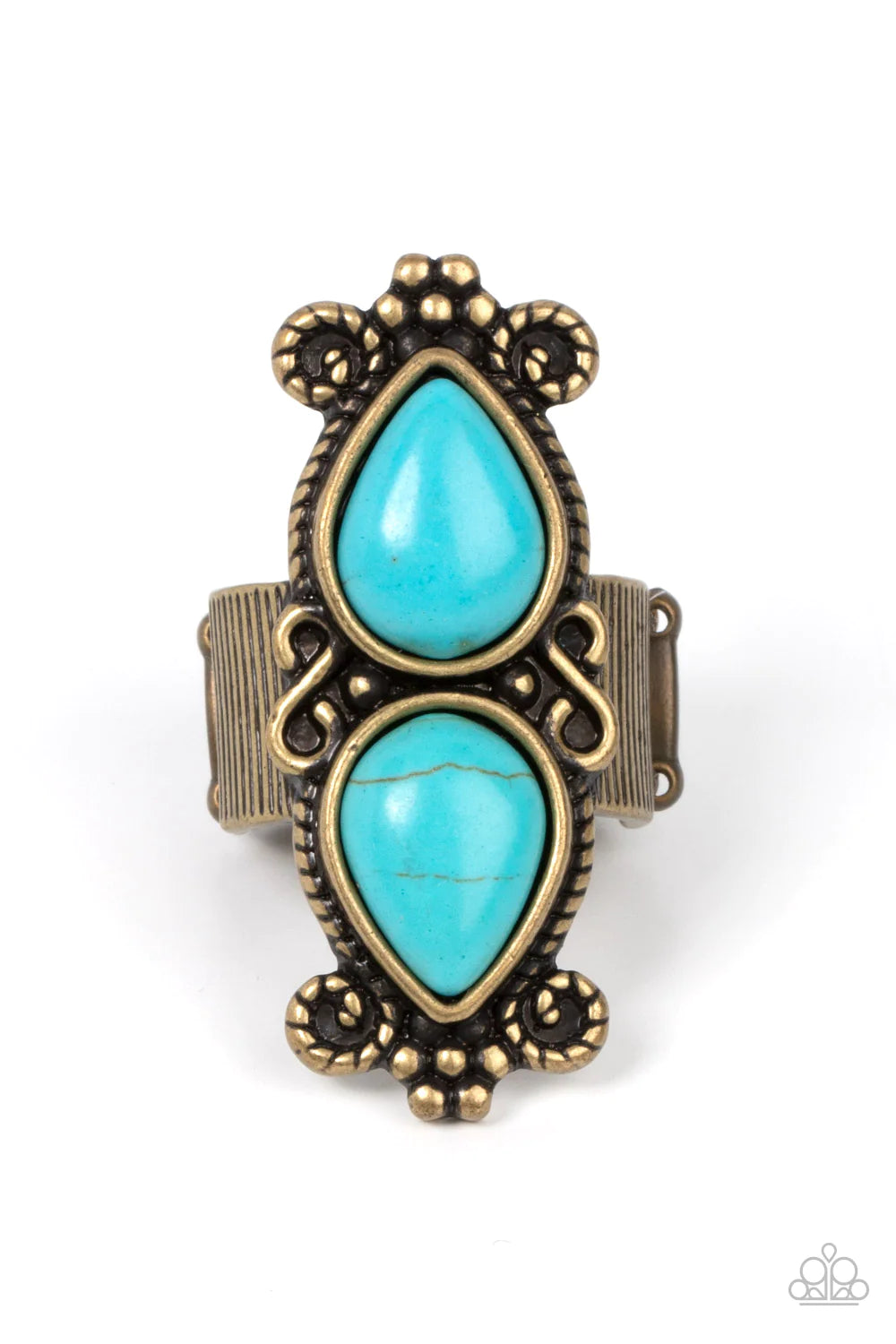 Paparazzi Accessories Adobe Garden - Brass Enhanced with brass ropelike filigree and studded floral details, a pair of turquoise stone teardrops point away from each other atop a ribbed brass band for an authentically artisan style. Features a stretchy ba