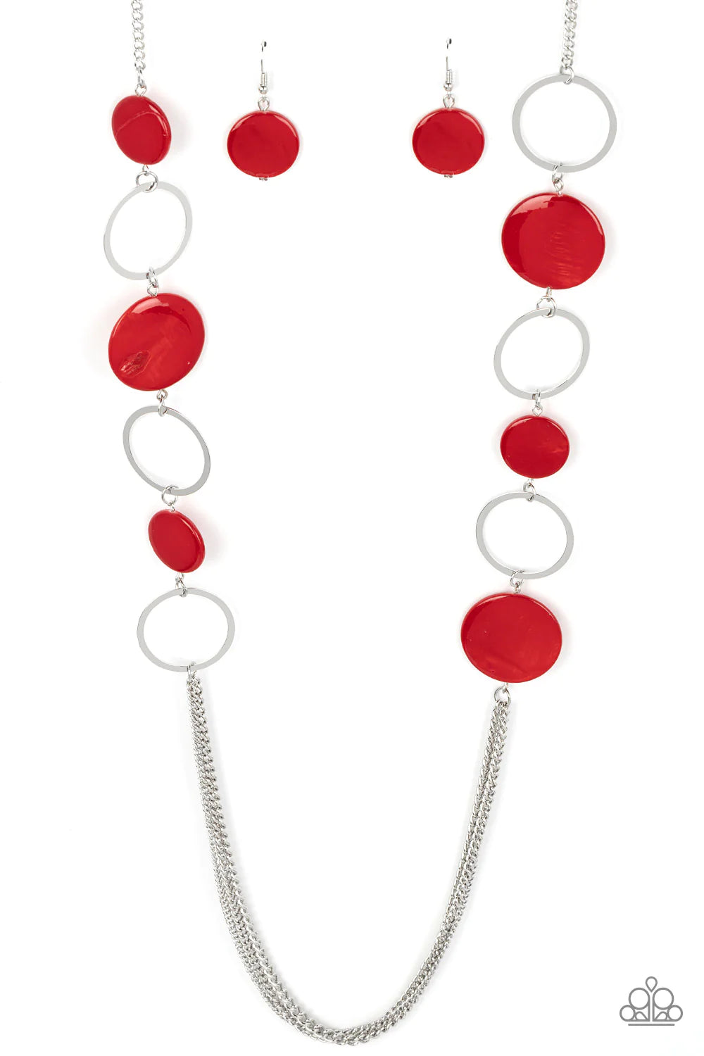 Paparazzi Accessories Beach Hub - Red Sections of Fiery Red shell-like discs link with flat silver hoops down the chest, giving way to layers of shimmery silver chain for a tropical inspired flair. Features an adjustable clasp closure. Sold as one individ
