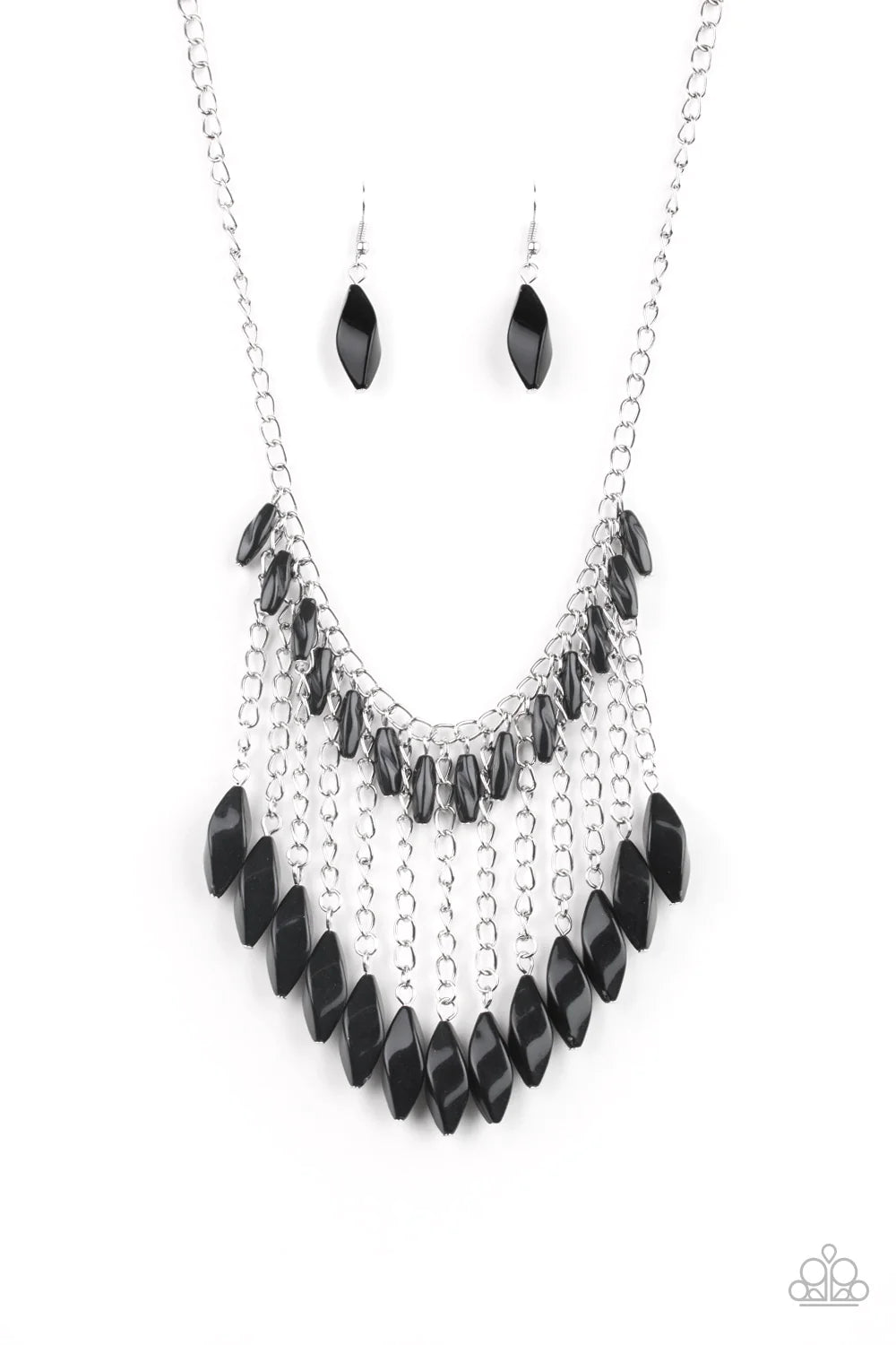 Paparazzi Accessories Venturous Vibes - Black A row of faceted black beads swing from the bottom of a shimmery silver chain below the collar. Larger black beads cascade from the bottoms of free-falling silver chains, creating a vivacious fringe. Features