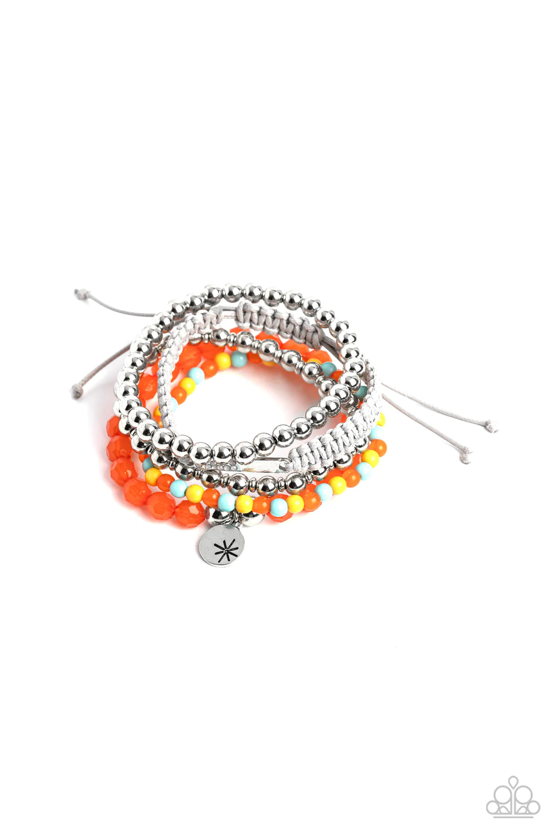 Paparazzi Accessories Offshore Outing - Multi Strands of Orange Tiger, Waterspout, and Samoan Sun beads are threaded along elastic stretchy bands to create a stack of bracelets. The varying opacities of each bead adds depth to the design, as a strand of s