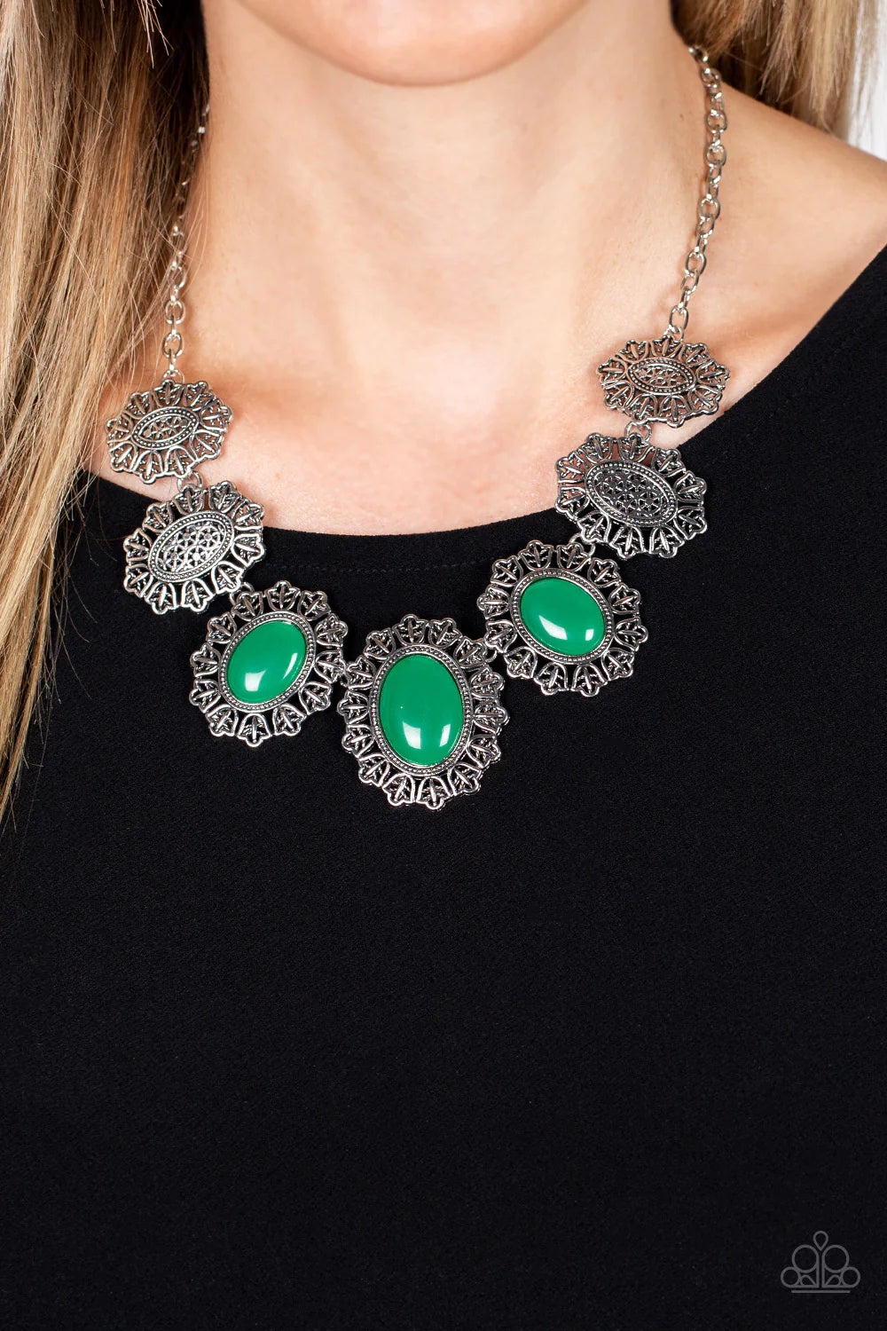 Paparazzi Accessories Forever and EVERGLADE - Green Filled with rustic filigree, scalloped silver frames gradually increase in size as they link below the collar. Three oversized oval green beads adorn the centermost frames, adding an ethereal pop of colo