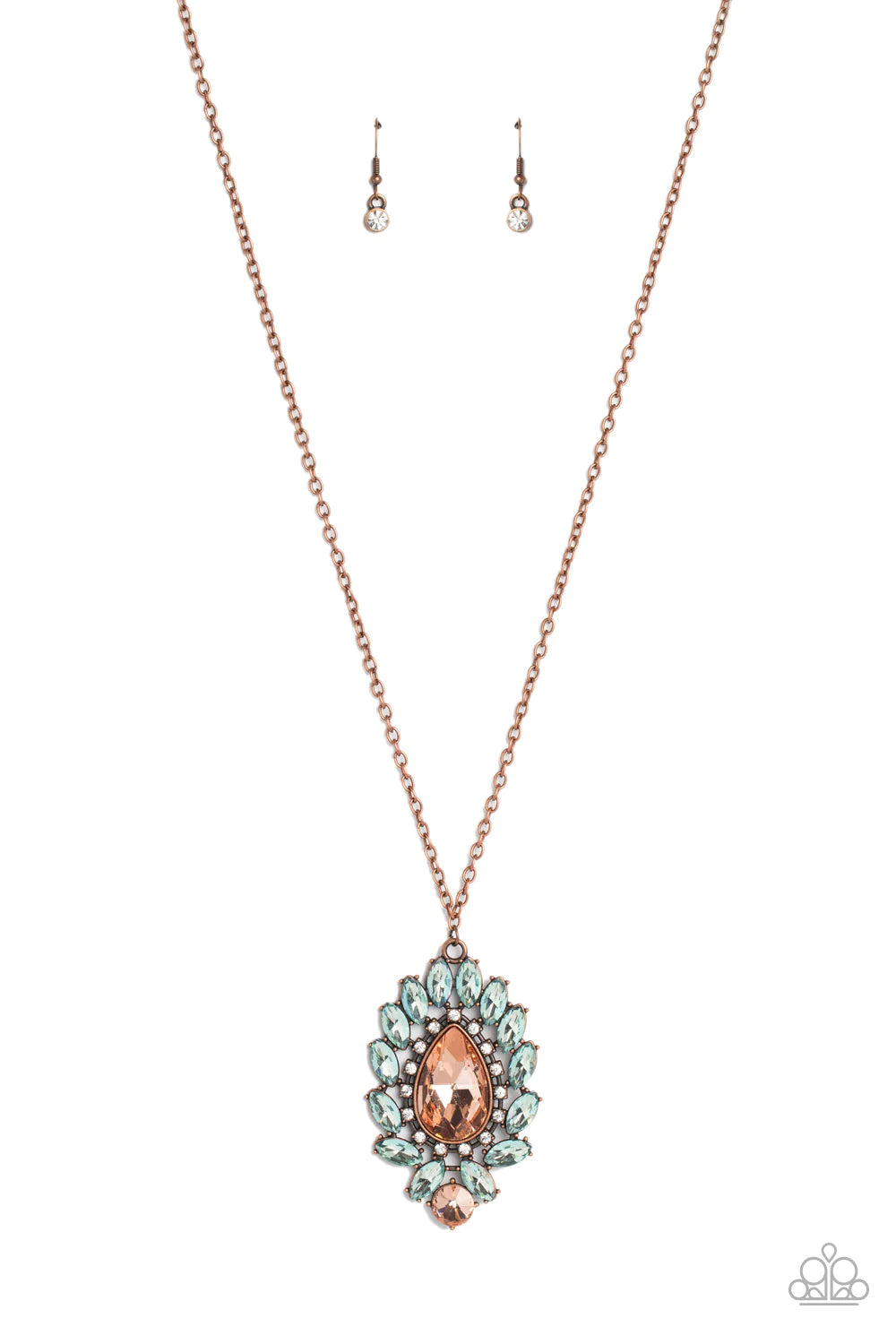 Paparazzi Accessories Over the TEARDROP - Copper Encircling an oversized, faceted, peachy teardrop, an explosion of light blue marquise-cut gems fans out below the chest reflecting light off every surface. A row of white rhinestones pressed in square copp