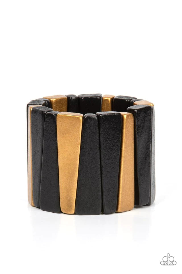 Paparazzi Accessories Bahama Boardwalk - Black Painted in shiny black and brassy gold finishes, triangular wooden beads alternate along stretchy bands around the wrist for an earthy centerpiece.