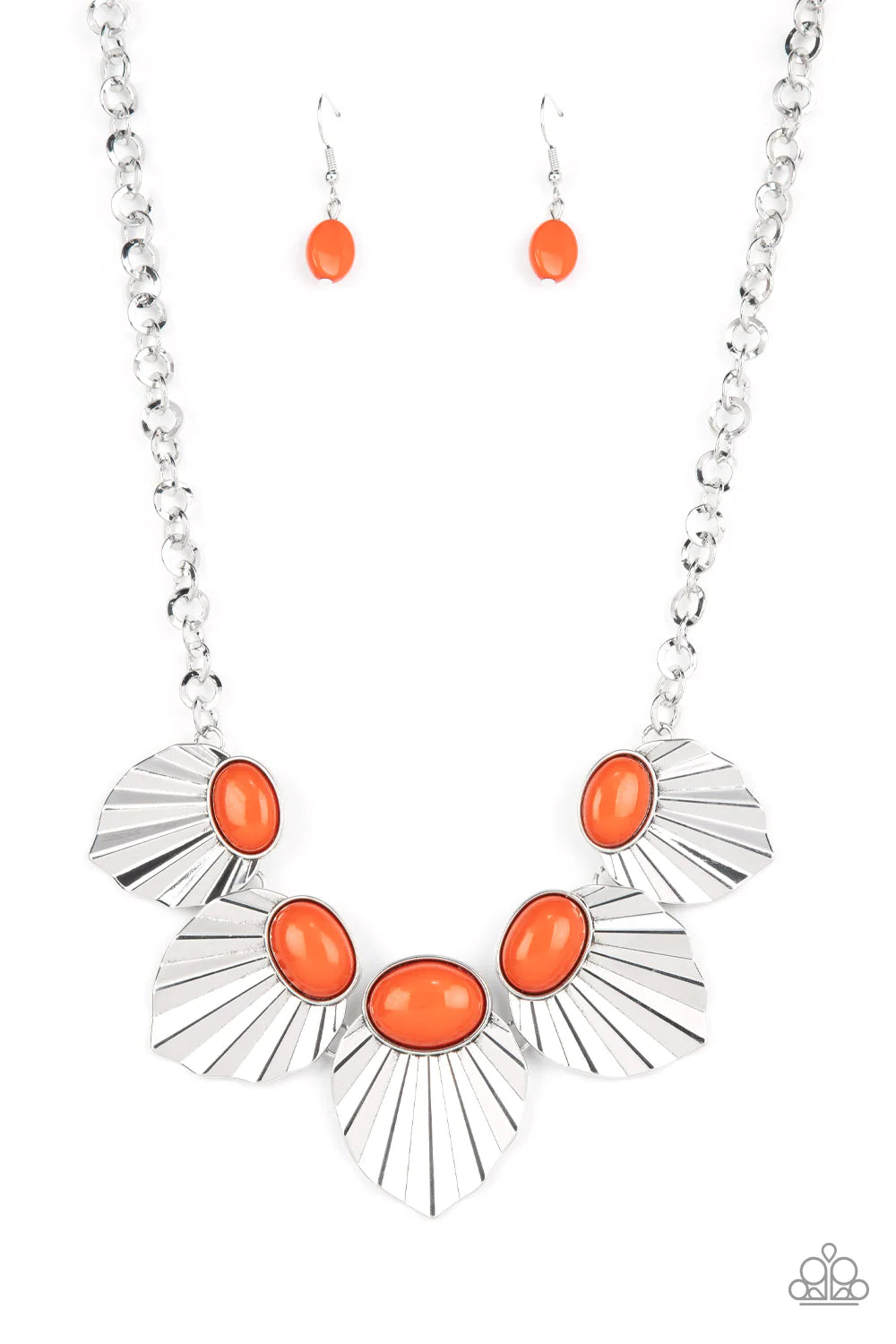 Paparazzi Accessories Fearlessly Ferocious - Orange Crowned in oval Burnt Orange beads, a collection of crimped and scalloped silver frames gradually increase in size as they fearlessly fan out below the collar for a ferocious fashion. Features an adjusta