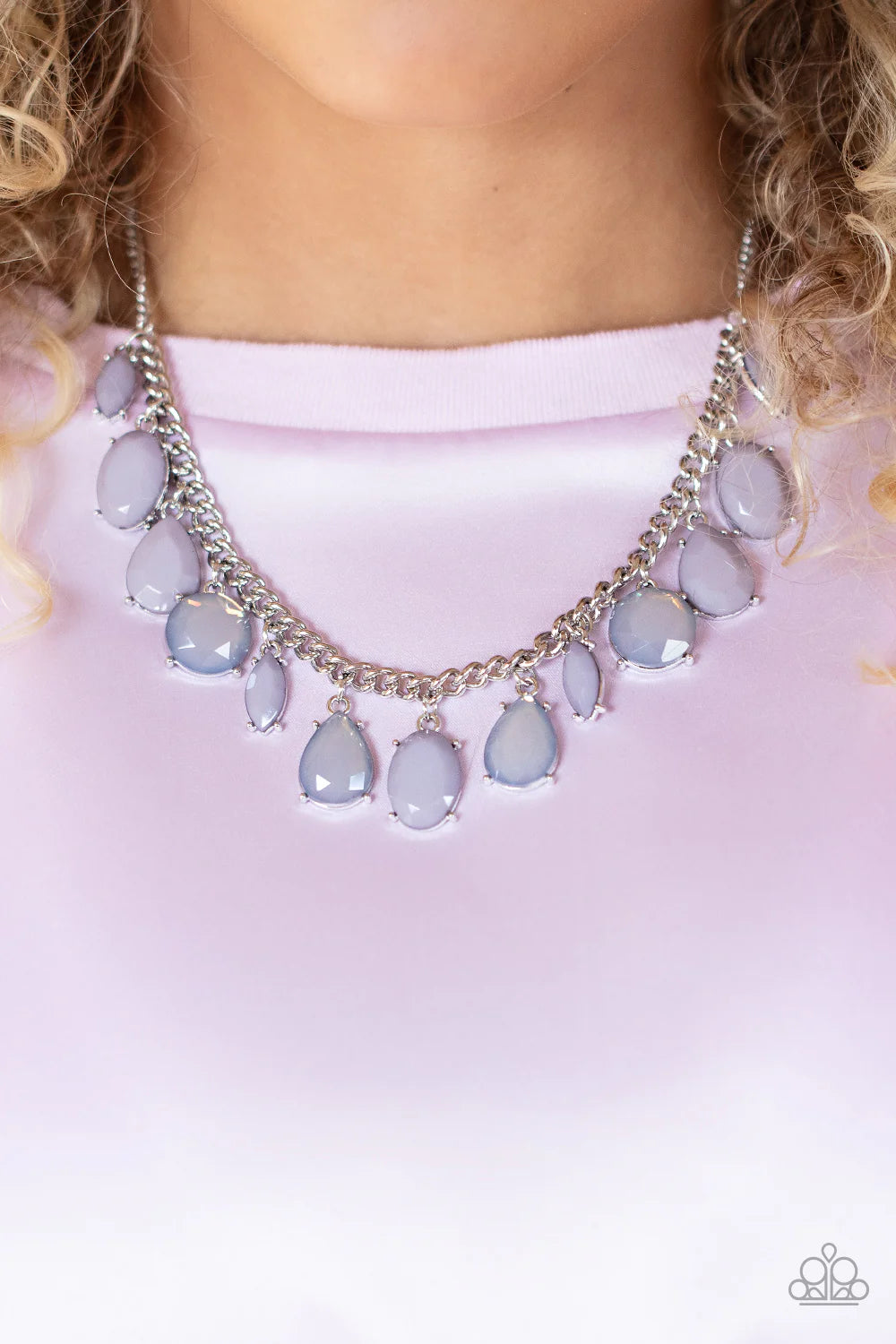 Paparazzi Accessories Fairytale Fortuity - Silver Featuring oval, round, teardrop, and marquise cuts, a fanciful collection of opaque and translucent Gray Lilac beads sways from a bold silver chain. The faceted beads are set in silver prong settings, givi