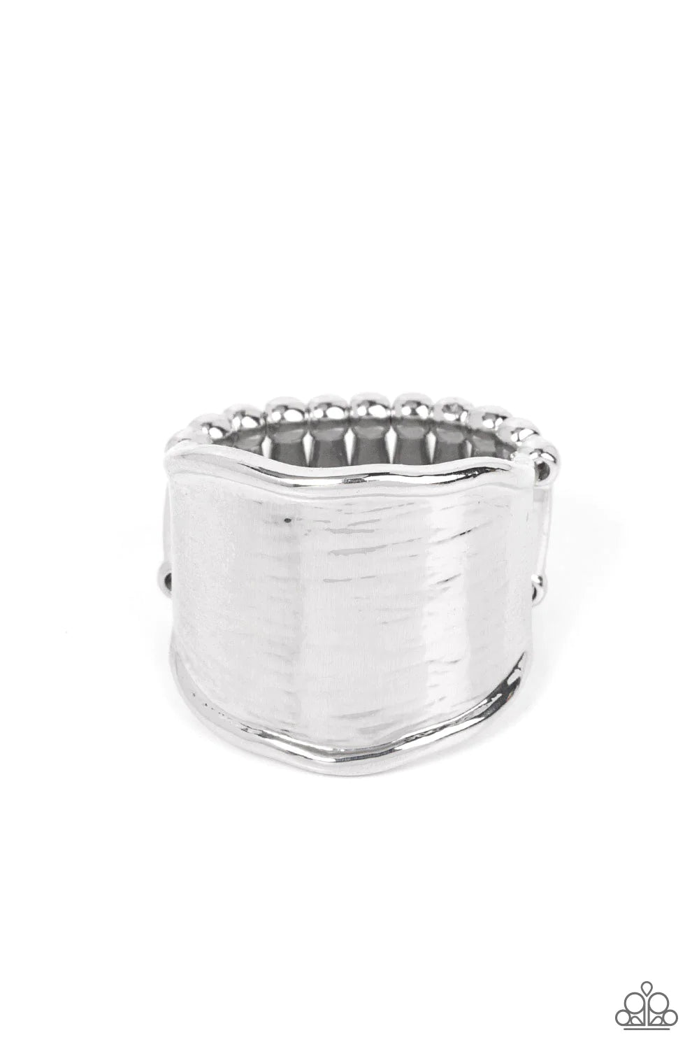 Paparazzi Accessories Too Little Too SLATE - Silver Wavy silver bars border a flattened silver frame that is etched in glistening details, resulting in a reflective shimmer around the finger. Features a stretchy band for a flexible fit. Sold as one indivi