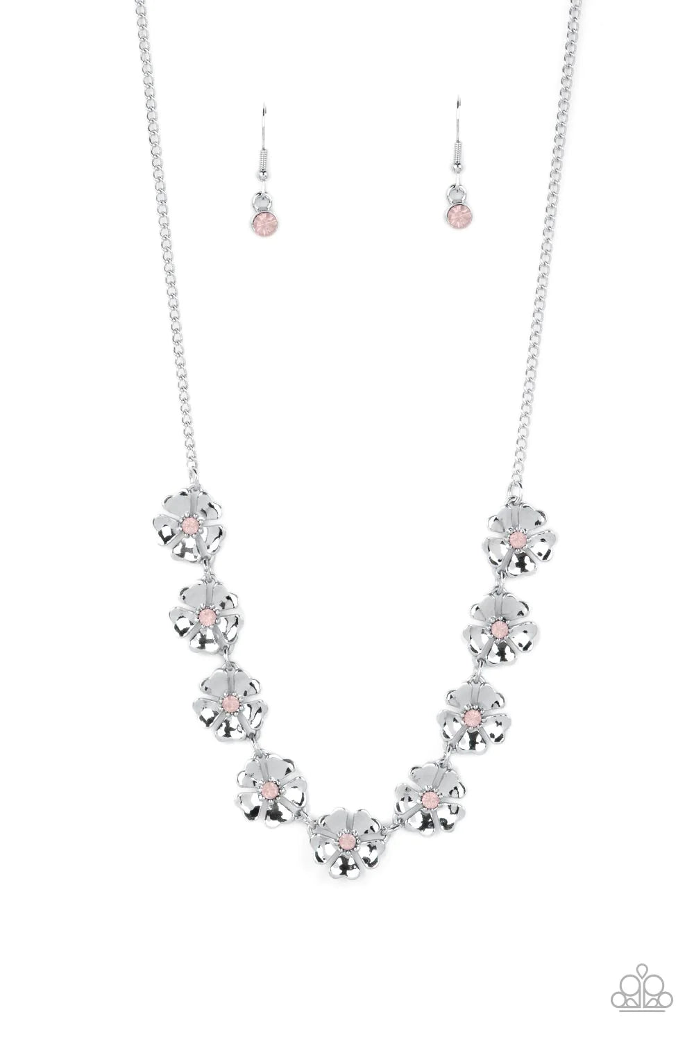 Paparazzi Accessories Petunia Palace - Pink Heart-shaped silver petals bloom from opaque Gossamer Pink rhinestone centers, creating colorful flowers. The dainty floral frames delicately dance below the collar, connecting into a whimsical centerpiece. Feat