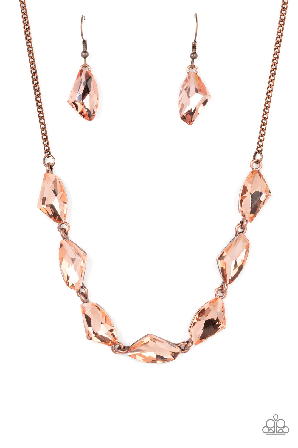 Paparazzi Accessories Raw Rapture - Copper A jagged collection of coppery rhinestones falls along the neckline in a fierce display. The asymmetrical cuts of each rhinestone are emphasized by their dramatic faceted surfaces, bouncing light in every directi