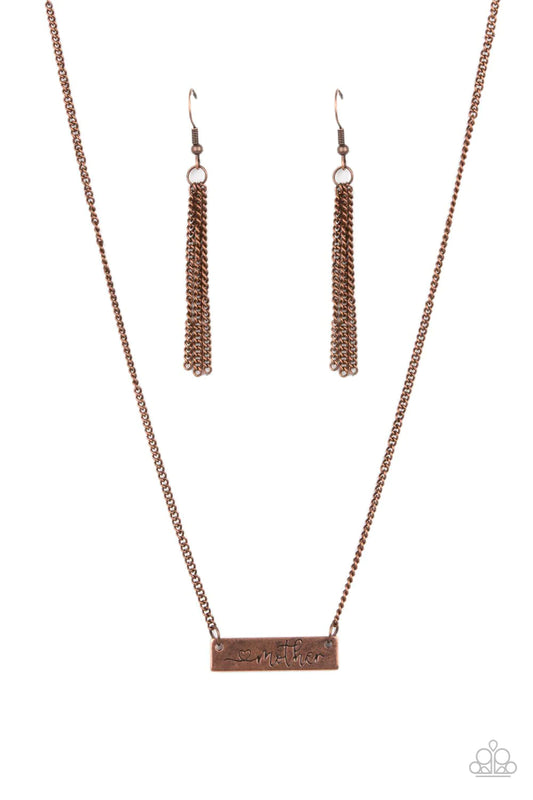 Paparazzi Accessories Joy of Motherhood - Copper Stamped in a heart and the word, "Mother," an antiqued copper plate is suspended by a classic copper chain below the collar, creating a whimsy sentimental pendant. Features an adjustable clasp closure. Sold