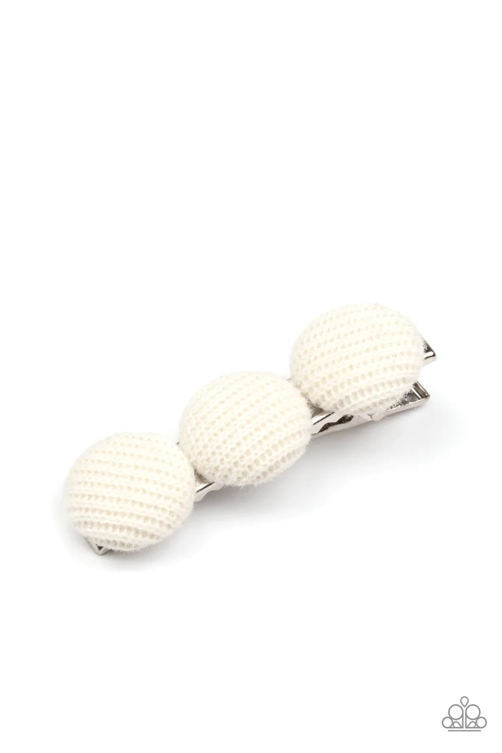 Paparazzi Accessories Cute as a Button - White A trio of knitted white button top frames embellish the front of a classic silver frame, creating a playful pop of color. Features a standard hair clip on the back. Sold as one individual hair clip. Jewelry