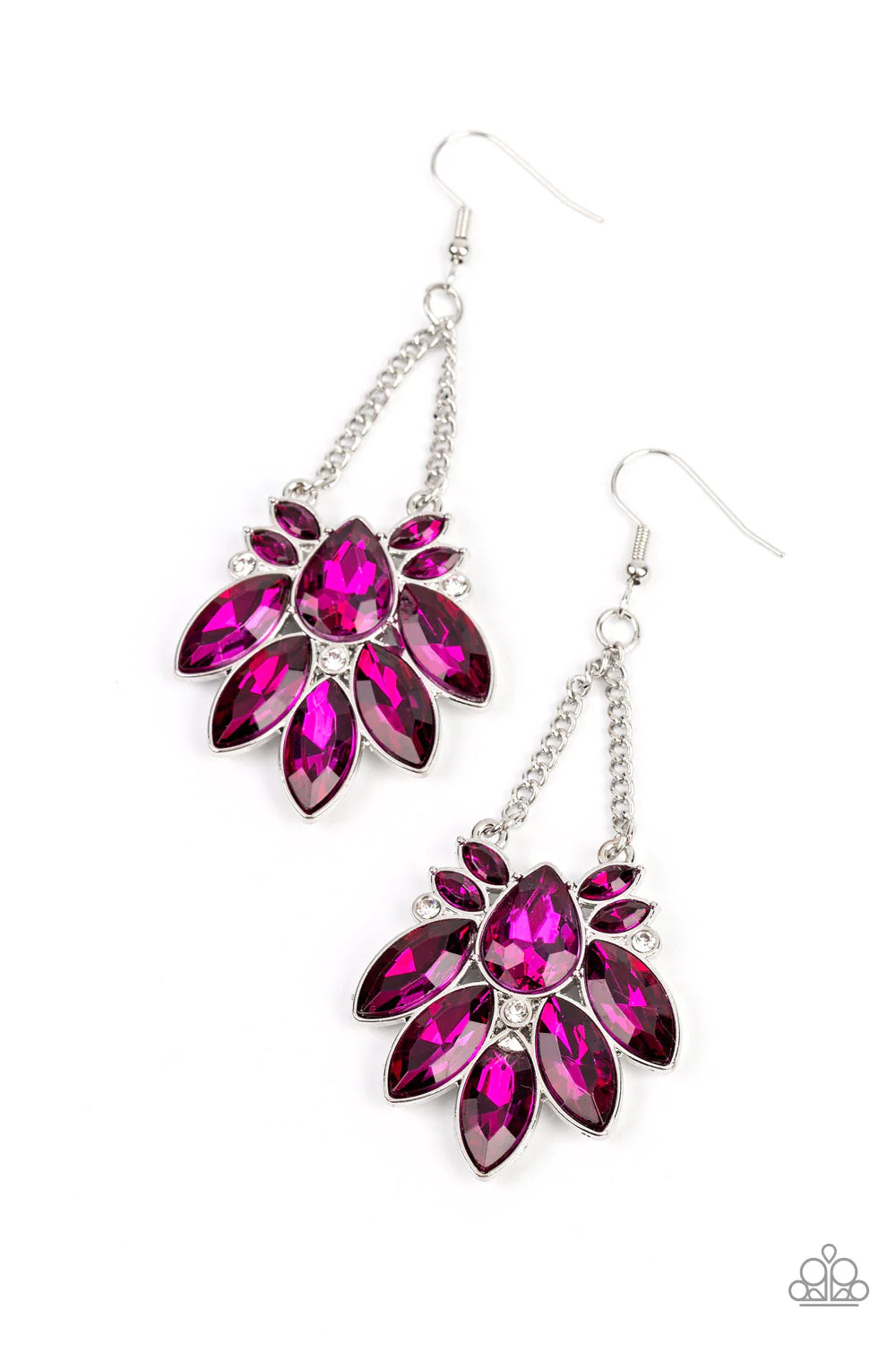 Paparazzi Accessories Prismatic Pageantry - Pink An explosion of marquise-cut rhinestones in a deep shade of pink fan out from a faceted teardrop gem in the same shade. Tiny white rhinestones are sprinkled between the pink gems, adding a hint of sparkle a