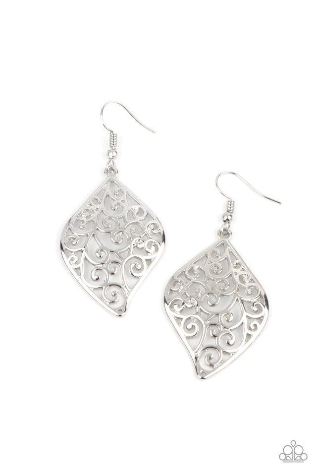 Paparazzi Accessories Your Vine of Mine - Silver Silver floral filigree vines permeate a refreshing leaf-shaped frame, creating a romantically idyllic lure. Earring attaches to a standard fishhook fitting. Jewelry