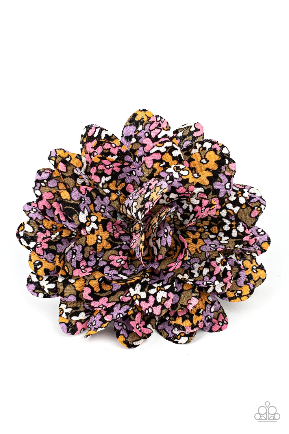 Paparazzi Accessories Positively Flower Patch - Black Featuring an abstract floral pattern, multicolored chiffon petals delicately layer into a boisterous blossom. Features a standard hair clip on the back. Sold as one individual hair clip. Hair Accessori