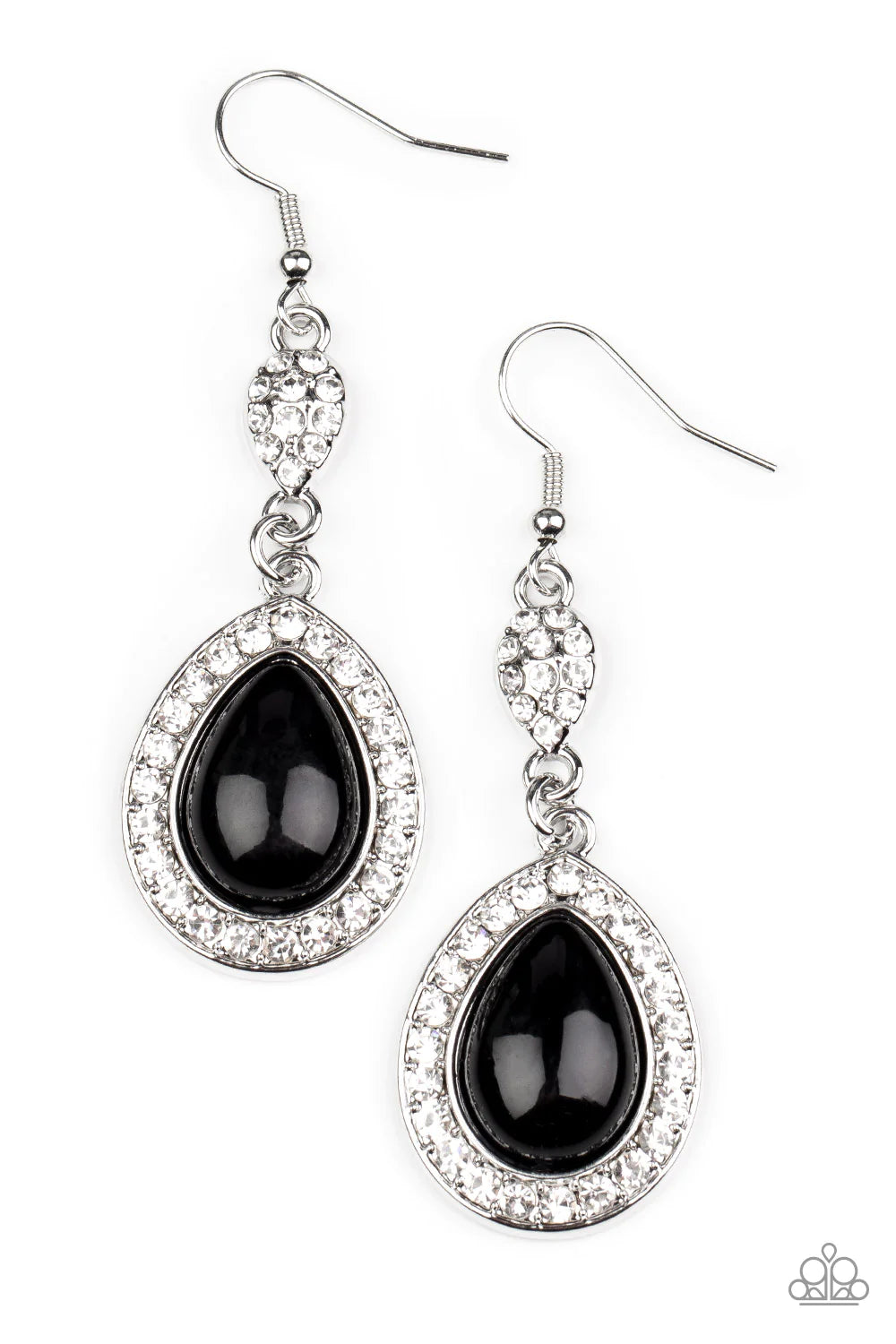 Paparazzi Accessories Elite Elegance - Black Bordered in glassy white rhinestones, an oversized black teardrop bead swings from the bottom of a dainty silver teardrop that is encrusted in glassy white rhinestones, resulting in a radiant lure. Earring atta
