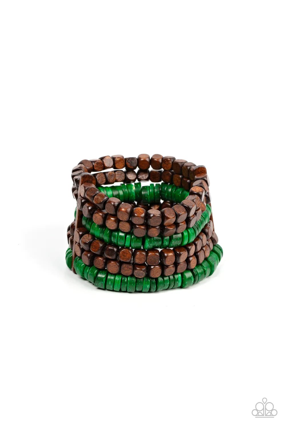 Paparazzi Accessories Fiji Fiesta - Green Stretchy strands of brown wooden cube beads and refreshing green wooden discs are held in place by rectangular wooden frames, resulting in an earthy centerpiece around the wrist. Sold as one individual bracelet. J