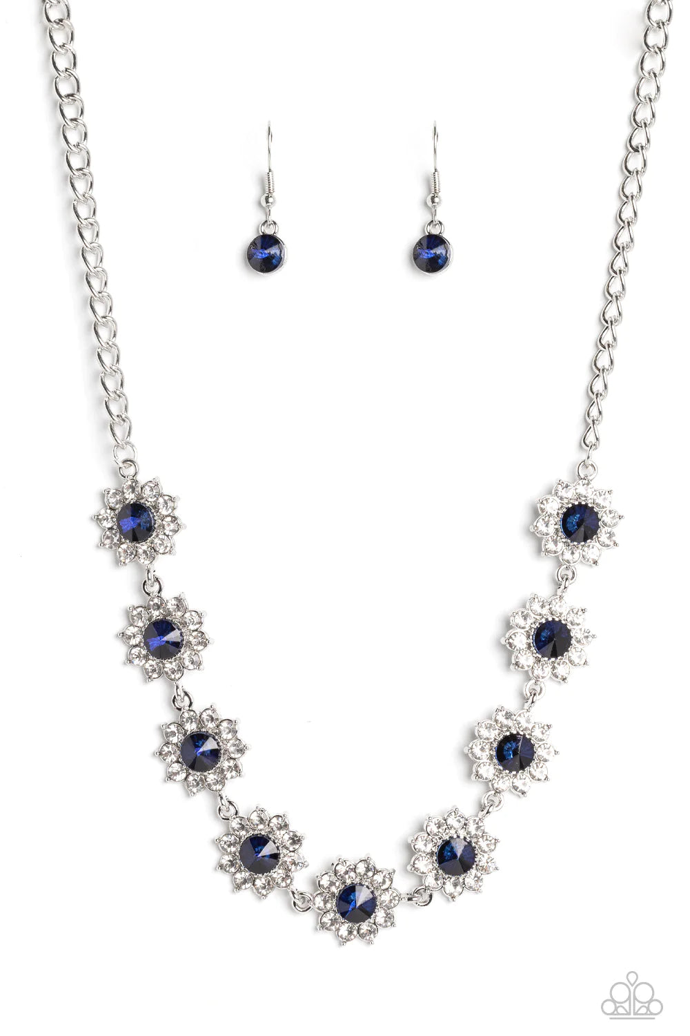 Paparazzi Accessories Blooming Brilliance - Blue Shiny white rhinestone petals bloom from a shimmery montana blue center, creating a whimsical floral arrangement below the collar. Sold as one individual paparazzi necklace. Jewelry