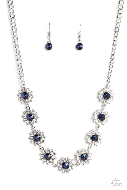 Paparazzi Accessories Blooming Brilliance - Blue Shiny white rhinestone petals bloom from a shimmery montana blue center, creating a whimsical floral arrangement below the collar. Sold as one individual paparazzi necklace. Jewelry