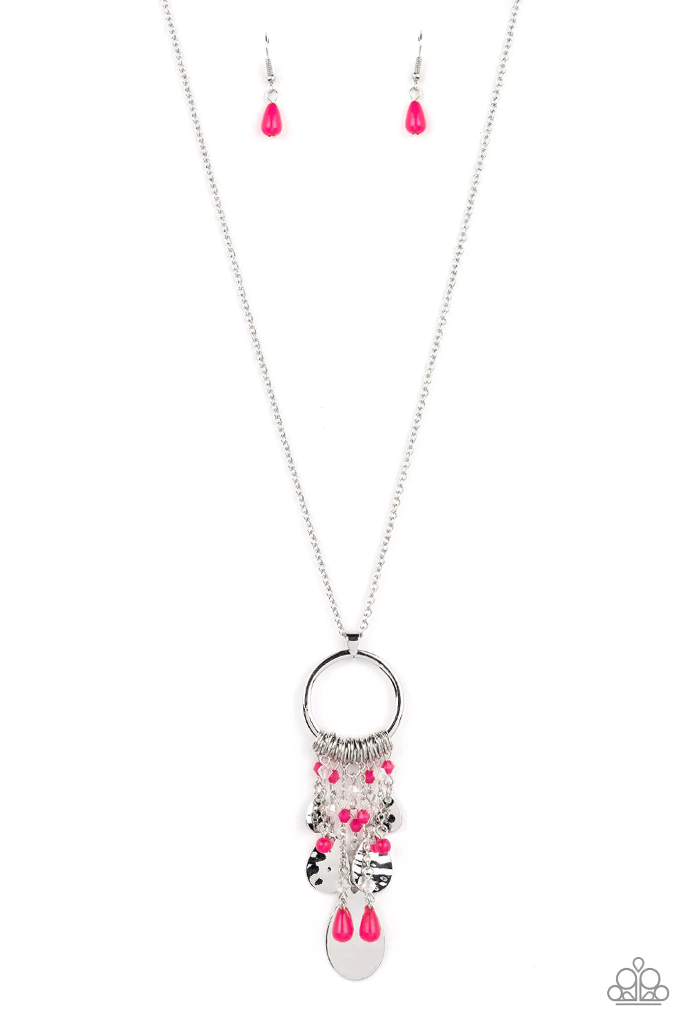 Paparazzi Accessories Totally Trolling - Pink Separated by dainty silver rings, crystal-like beads in the shade of Pink Peacock stream from the bottom of a flat silver hoop. Gradually increasing in size, hammered silver teardrops add texture and shimmer t