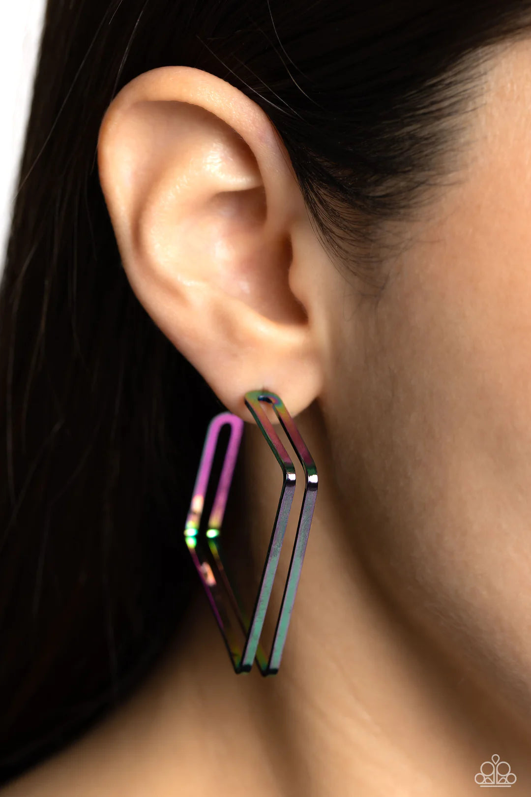 Paparazzi Accessories Take SQUARE - Multi Two square frames dipped in an oil spill shade delicately curve into a combined hoop at the ear for a geometric, stellar finish. Earring attaches to a standard post fitting. Hoop measures approximately 1 3/4" in d