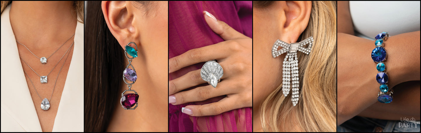 Paparazzi Accessories August 2023 Life of Party August 2023 LOP Preview Pack of All 5 Exclusive Pieces Includes one of each Life of the Party exclusive accessory for August 2023. Jewelry