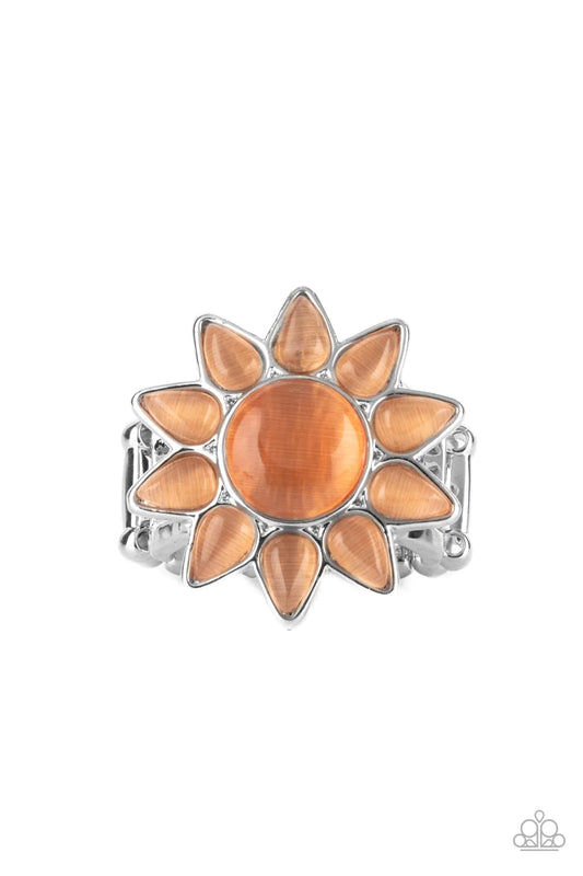 Paparazzi Accessories Blossoming Sunbeams - Orange Dainty teardrop orange cat's eye stones bloom from a round orange cat's eye stone center, creating a whimsical blossom atop the finger. Features a stretchy band for a flexible fit. Sold as one individual